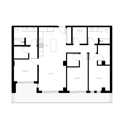 Floor plan for 3 beds, 2 baths, 1221 sqft